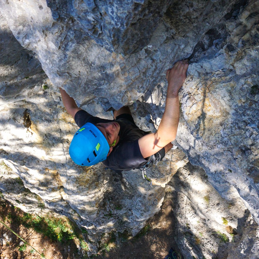 Climbing strong on overhang